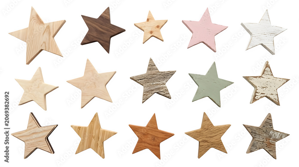 Obraz premium Collection of various wooden decorative stars isolated on transparent background