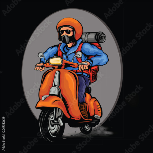 Traveler Riding Vintage Orange Scooter with Backpack Vector Illustration
