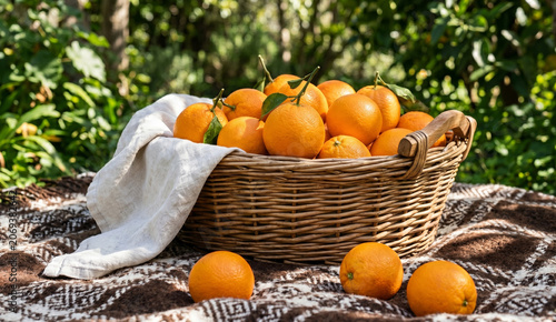Fresh and Ripe Mandarin Oranges in Wicker Basket