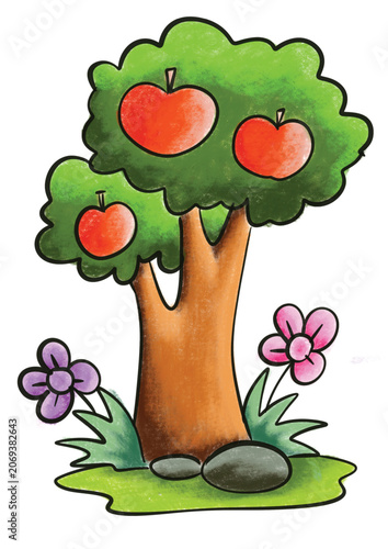 Cute Apple Tree with Flowers Oil Pastel Style Vector Illustration for Kids