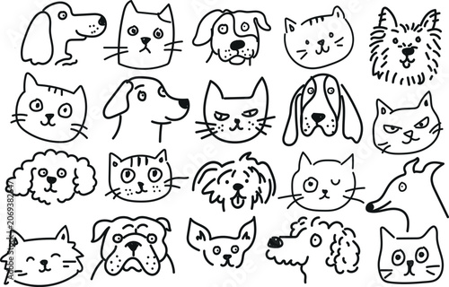 Cute Hand Drawn Pet Face Doodle Collection Vector Outline Set