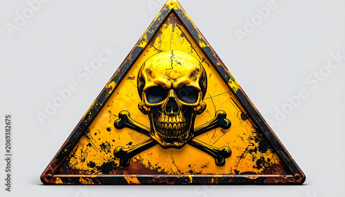 Warning sign with skull and crossbones, representing poison or toxic danger, with a rusty metal texture and distressed look