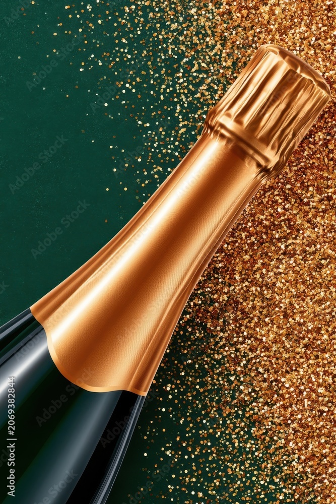 Fototapeta premium Elegant champagne bottle neck with gold foil and glitter on dark green background for celebration