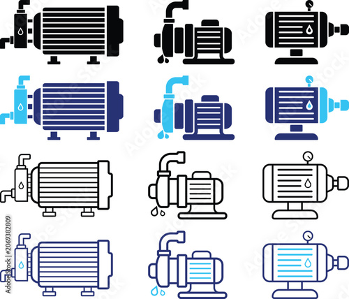 Water pump water motor Multi Style Icon. Technical line art illustration of an industrial water pump connected to an electric motor.  Mechanical engineering, plumbing systems