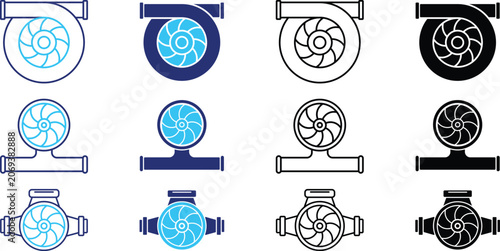 Water pump water motor Multi Style Icon. Technical line art illustration of an industrial water pump connected to an electric motor.  Mechanical engineering, plumbing systems