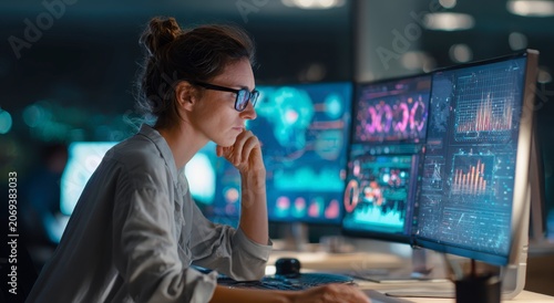 Woman sitting at desk with multiple computer screens in front of her in a modern office environment