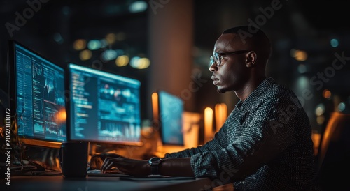 a man sitting at a desk with multiple computer monitors in front of him in a dark room with a citysc