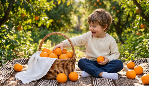Joyful boy sitting with a wicker basket of fresh oranges