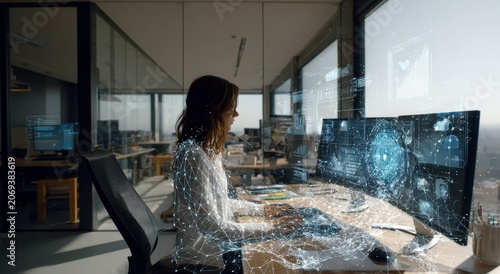 woman sitting at desk with multiple computer monitors in modern office with city view and maps on sc