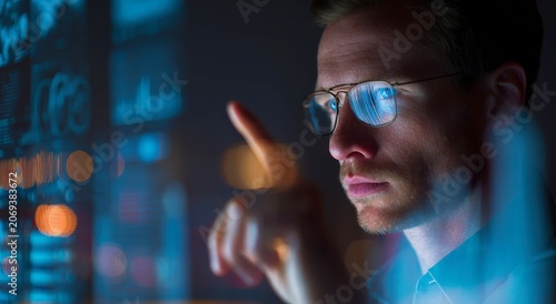 man in glasses looking at a screen with blue and orange lights close up detail view natural lighting
