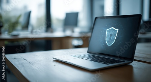 Laptop on wooden desk in office with shield on screen saver blurry background close up copy space de