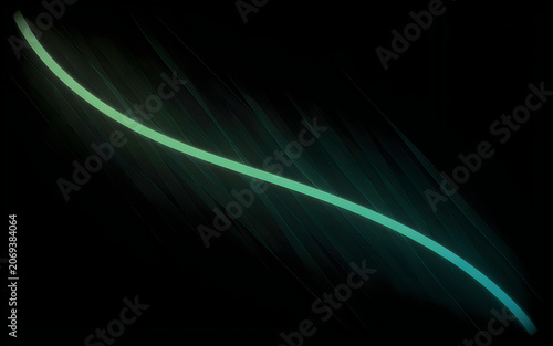 Glowing green neon light curved line on dark background