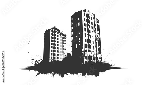 Foto Post apocalyptic ruined city buildings silhouette with grunge splatters and debr