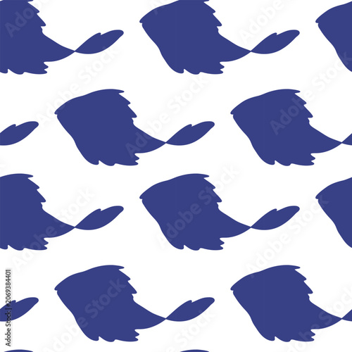 Seamless Pattern with Blue Fish Silhouettes on White Background