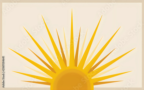 Vibrant yellow sun with long rays on beige background