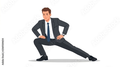 Businessman in suit doing lunge stretch pose isolated on white background