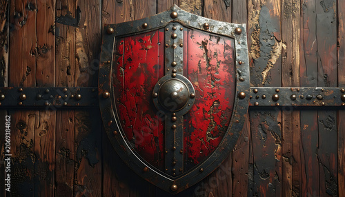 weathered medieval shield with metal studs and red distressed surface, resting on a rustic wooden door