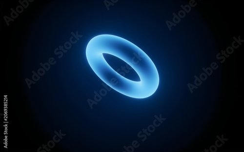 Abstract glowing blue torus shape with soft light diffusion on a dark background
