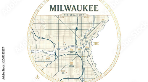 Schilderij op canvas Vintage circular city map of milwaukee with landmarks and lakefront