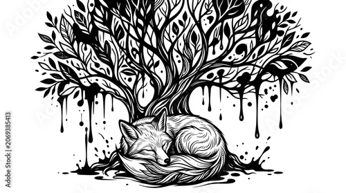 Fotografi Sleeping fox curled at the base of a decorative tree with ink drips