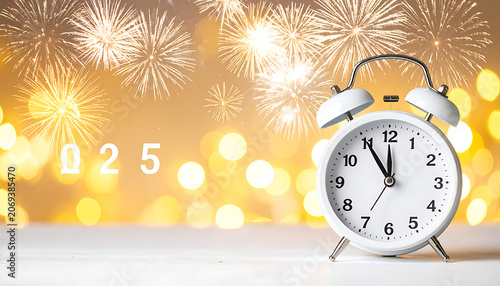 White alarm clock on a table with blurry golden bokeh lights and fireworks, celebrating new year 2025
