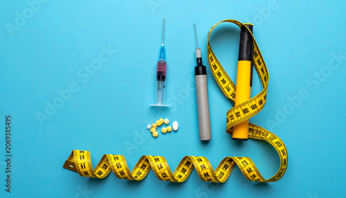 Weight loss tools, including a syringe with liquid, pills, and a tape measure laid out on a blue background, symbolizing medical intervention