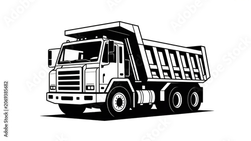 A black and white illustration of a dump truck silhouette on a clean background