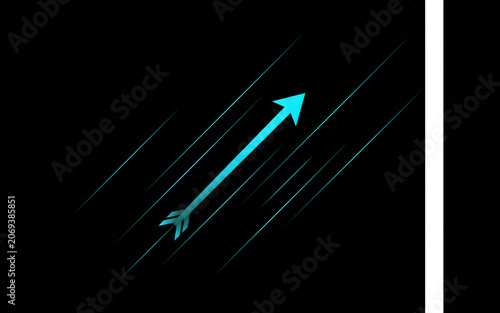 Bright blue arrow with turquoise light streaks angled upwards on a dark background