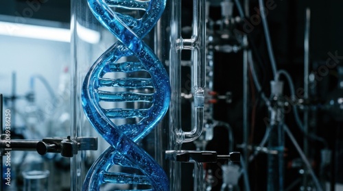 3D Rendering of a Blue DNA Double Helix in a Scientific Laboratory Setting.