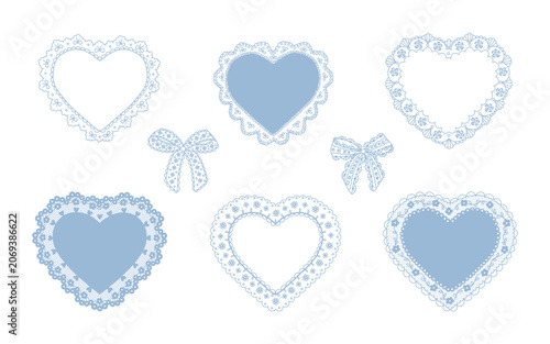 Set of openwork lacy heart and delicate bows. Shabby chic, grandmillennial vibes. Vintage doily aesthetic. Hand drawing isolated elements for greeting cards, event invitations, social media