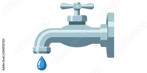 Foto Water Tap Dripping: A silver metallic water tap with a single drop of clear blue water falling from its spout, symbolizing conservation and scarcity