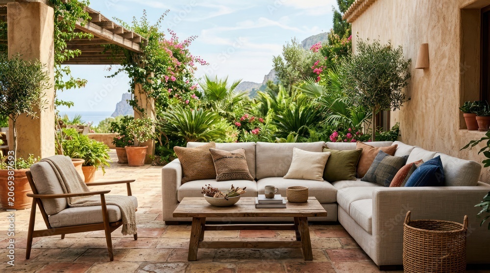 Fototapeta premium Luxurious Outdoor Living Space with Comfortable Seating and Lush Greenery.