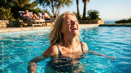Joyful Woman Laughing in a SunDrenched Swimming Pool on Vacation.