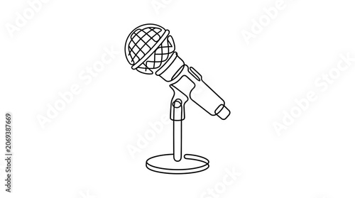 Vintage Microphone on Stand, Retro Audio Recording Equipment, Line Art Illustration