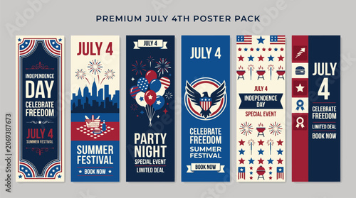 Premium July 4th poster pack with 6 vertical banners, Independence Day celebration vector templates, patriotic summer festival event flyers