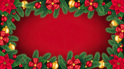 A festive Christmas border frame design with red flowers and green leaves on a red background