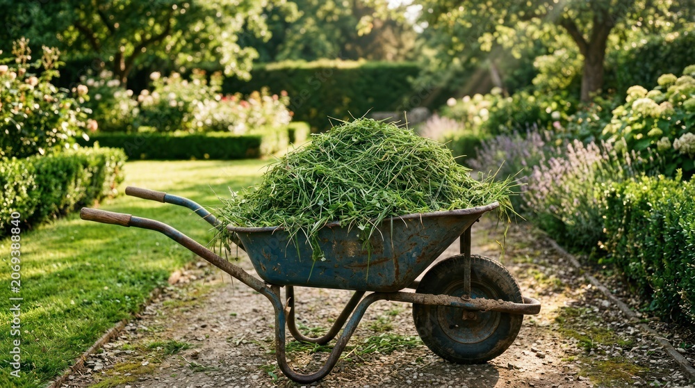 Fototapeta premium Wheelbarrow Full of Grass Clippings in a Lush Garden Setting.