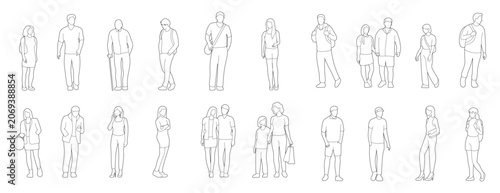 set of people walking front view in the city. minimalist outline elevation drawings for architectural style. diversity of citizen. black continuous line art plan vector illustration.
