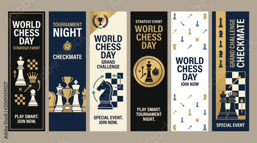 World Chess Day vertical banner set, elegant tournament night promotion templates, grand challenge checkmate vector collection with gold and navy accents