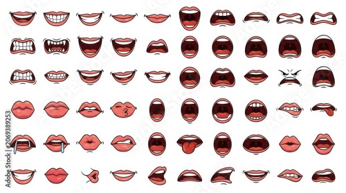Collection of diverse cartoon lips in various expressions and colors isolated on white background