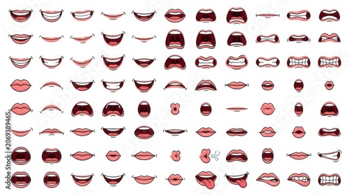Collection of diverse cartoon lips expressions and poses isolated isolated on white background