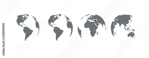 Set of four detailed gray earth globe icons representing global connectivity and geography