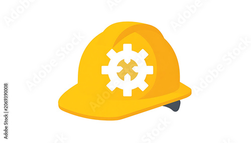 Yellow construction hard hat with white gear symbol on front, safety equipment, industry icon