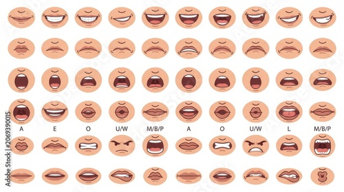 Isolated cartoon mouths showing various expressions and vowel sounds isolated on white background