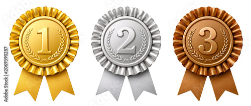 Set of gold, silver and bronze place award rosettes isolated on transparent background