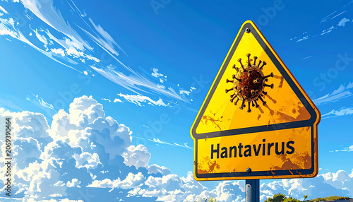 Yellow warning sign with hantavirus symbol and text, against a cloudy blue sky, health hazard alert