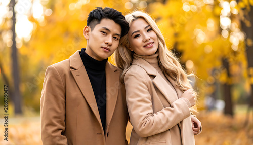 Young Asian couple in autumn park with golden leaves, casual fashion, warm coats, outdoor portrait, golden hour light, romantic atmosphere