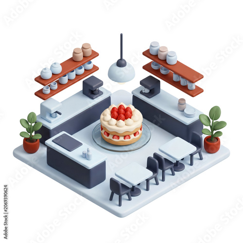 Isometric cake shop interior.
