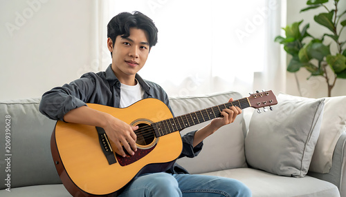 Young Asian man playing acoustic guitar while sitting on a sofa, enjoying music at home, casual lifestyle