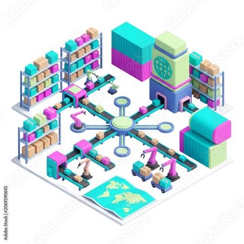 Isometric 3D factory production line with workers and machinery.